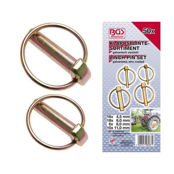 Das Bild zeigt zwei große metallene Klappsplinte nebeneinander, daneben ist die Verpackung des Produkts abgebildet; darauf steht „BGS Werkzeuge 50x Klappsplinte-Sortiment, galvanisch verzinkt, Linch Pin Set, galvanized, zinc coated“, darunter sind vier Klappsplinte in verschiedenen Größen abgebildet, daneben steht eine Auflistung: „16x 4,5 mm, 18x 6,0 mm, 6x 8,0 mm, 10x 11,0 mm“, unten ist ein kleines Foto von einem Traktor zu sehen.