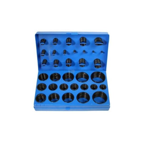 Das Bild zeigt eine aufgeklappte blaue Kunststoffbox mit mehreren Fächern, in denen verschieden große, schwarze O-Ringe ordentlich sortiert sind.