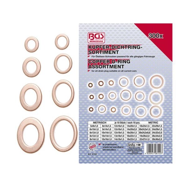 BGS Werkzeuge 300x Kupfer-Dichtring-Sortiment für Ölablass-Schrauben passend für alle gängigen Fahrzeuge Copper O-Ring Assortment for oil-drain plug suitable on all current cars Metrisch je 10 Stück 5x9x1, 6x10x1, 6x12x1, 8x12x1, 8x14x1,5, 10x14x1, 10x16x1,5, 12x16x1,5, 12x18x1,5, 14x20x1,5, 14x22x1,5, 16x22x1,5, 18x24x1,5, 20x27x1,5 und 22x29x1,5 In praktischer wiederverschließbarer Universalbox Art. 8124