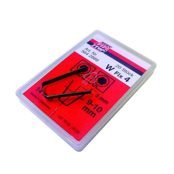 Das Bild zeigt eine rechteckige Kunststoffverpackung mit einem roten und weißen Etikett. In der Verpackung sind schwarze U-förmige Klammern zu sehen. Auf dem Etikett steht: 20 Stück W Fix 4, Art. Nr.: 564 2889, „3 mm“, „9-10 mm“, „14 mm“, „Made in Germany“. Es ist außerdem eine technische Zeichnung der Klammer mit Maßen abgebildet. In der oberen linken Ecke befindet sich das Logo von Fischer.
