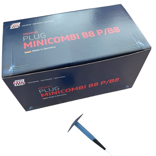 Auf dem Bild ist ein dunkelblauer rechteckiger Karton mit der Aufschrift „PREMIUM PLUG MINICOMBI B8 P/B8 Made in Germany“ in Weiß und Rot zu sehen, daneben befindet sich ein Werkzeug mit einem blauen Stiel und einem querstehenden schwarzen Kopf.