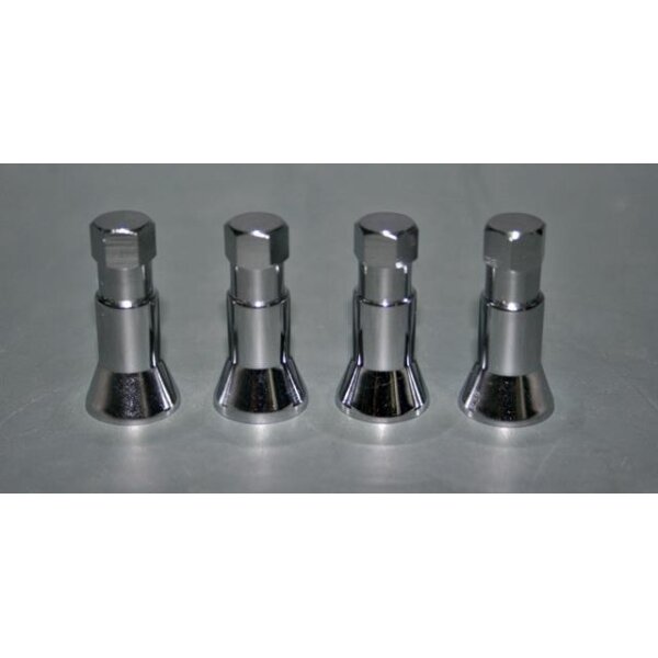Auf dem Bild sind vier silberne, metallische Gegenstände in einer Reihe aufgestellt. Sie haben eine sechseckige, schmale Oberseite und einen breiteren, glockenförmigen unteren Teil. Die Oberfläche ist glatt und reflektierend, was ihnen ein glänzendes Aussehen verleiht. Der Hintergrund ist schlicht und neutral.