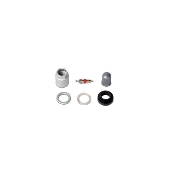 Das Bild zeigt mehrere kleine Einzelteile, die zu einem Set gehören. Zu sehen sind eine silberne Metallkappe mit Innengewinde, ein kleines zylindrisches Metallventil mit rotem Dichtungsring, eine graue geriffelte Kunststoffkappe, ein silberner Metallring, ein transparenter Kunststoffring und ein schwarzer Gummiring. Alle Teile liegen einzeln und getrennt auf einem weißen Hintergrund.