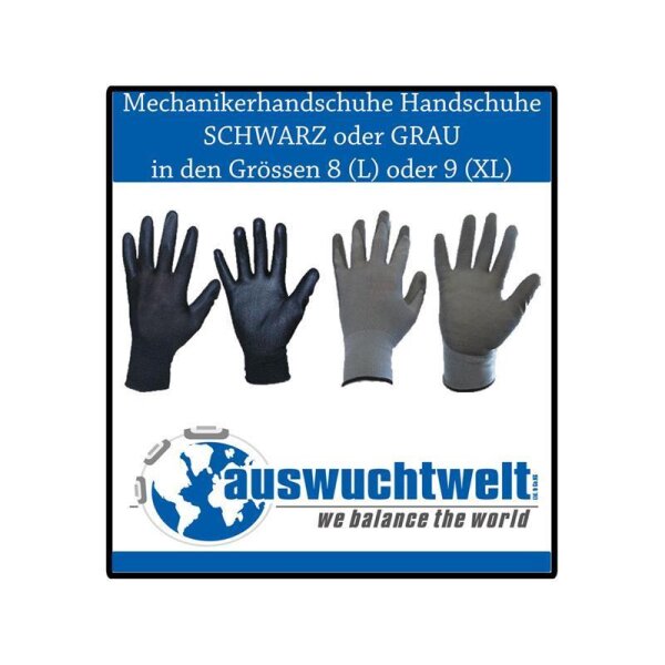 Das Bild zeigt zwei schwarze Handschuhe, die ausgestreckt nebeneinander liegen. Beide Handschuhe sind nach oben orientiert, sodass die Handflächen sichtbar sind. Der Hintergrund ist einfarbig grau, was die schwarzen Handschuhe hervorhebt. Die Textur der Handschuhe sieht glatt aus, möglicherweise aus einem synthetischen Material wie Nitril oder Latex, das für einen festen Griff sorgt.