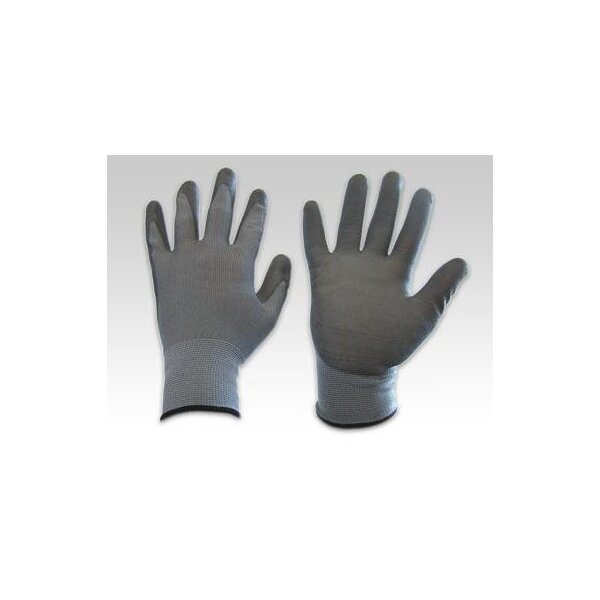 Das Bild zeigt ein Paar grauer Arbeitshandschuhe. Der linke Handschuh ist nach unten gedreht, sodass die Oberseite zu sehen ist, während der rechte Handschuh die Handfläche zeigt. Beide Handschuhe besitzen elastische Bündchen am Handgelenk. Der Hintergrund ist einfarbig in einem hellen Grauton gehalten.