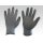 Das Bild zeigt ein Paar grauer Arbeitshandschuhe. Der linke Handschuh ist nach unten gedreht, sodass die Oberseite zu sehen ist, während der rechte Handschuh die Handfläche zeigt. Beide Handschuhe besitzen elastische Bündchen am Handgelenk. Der Hintergrund ist einfarbig in einem hellen Grauton gehalten.