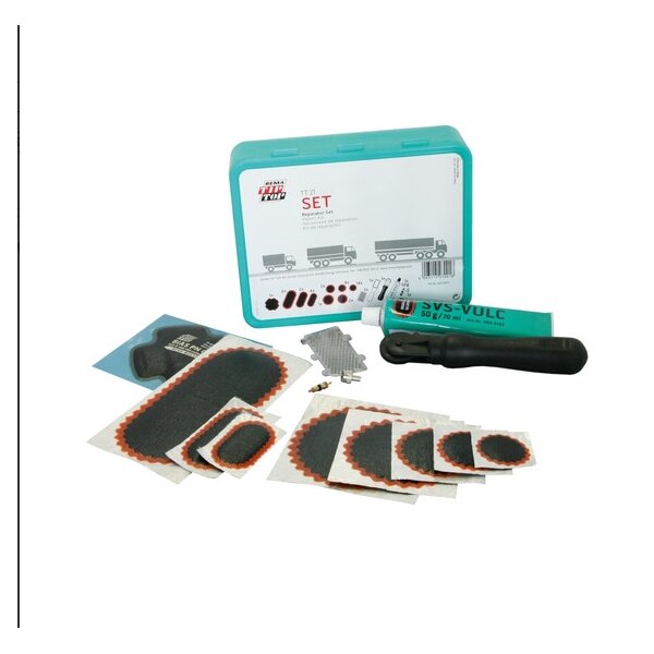 Das Bild zeigt ein Reparaturset für Reifen, bestehend aus einer türkisfarbenen Kunststoffbox, mehreren verschieden großen runden und ovalen Flicken mit schwarzer Oberfläche und rotem Rand, einer Tube Klebstoff, einem schwarzen Kunststoffwerkzeug, einer kleinen Metallraspel, einer blauen kleinen Unterlage und weiteren kleinen Zubehörteilen.