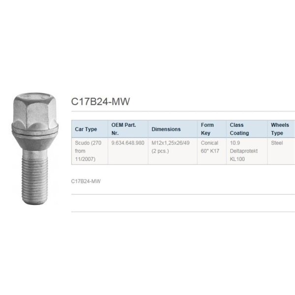 Ein silberner Radbolzen ist abgebildet. Daneben stehen technische Daten: C17B24-MW. Car Type: Scudo (270 from 11/2007). OEM Part. Nr.: 9.634.648.980. Dimensions: M12x1,25x26/49 (2 pcs.). Form Key: Conical 60° K17. Class Coating: 10.9 Deltaprotekt KL100. Wheels Type: Steel.
