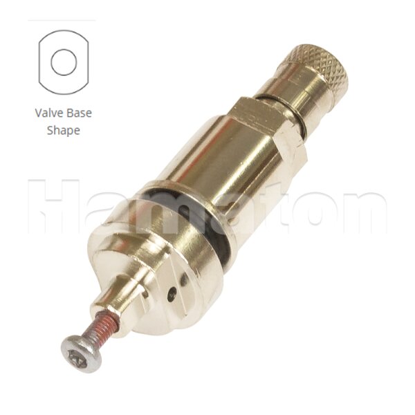Das Bild zeigt ein glänzendes, metallisches Ventil mit mehreren Sechskantprofilen und Gewinden, einer Gummidichtung und einer Schraube am vorderen Ende. Links oben ist eine schematische Zeichnung mit der Beschriftung Valve Base Shape zu sehen, die die Form der Ventilbasis zeigt.