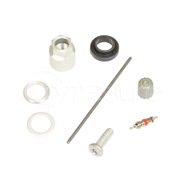 Das Bild zeigt mehrere kleine Einzelteile, die zu einem Reparatur- oder Montageset für ein Autoventil gehören. Zu sehen sind unter anderem eine Metallmutter, ein Gummiring, zwei Dichtungen, eine Metallstange, eine silberne Schraube, ein grauer Kunststoffdeckel und ein kleines Bauteil mit rotem Dichtungsring, das wie ein Ventileinsatz aussieht. Alle Teile liegen lose auf einer weißen Fläche und sind übersichtlich angeordnet.