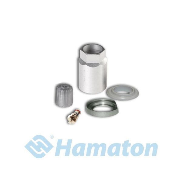 Das Bild zeigt ein Set aus fünf Einzelteilen für ein Reifendruckkontrollsystem-Ventil, bestehend aus einer silbernen Metallmutter, einer grauen Kunststoffkappe, einem Ventileinsatz aus Metall mit rotem Dichtring, einer silbernen Dichtung und einem weißen Dichtungsring, darunter ist das hellblaue Hamaton-Logo abgebildet.