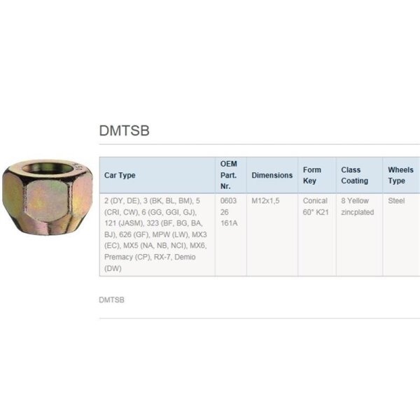 Das Bild zeigt eine Tabelle mit technischen Angaben zu einer Radmutter (Produktname DMTBS). Links oben ist ein Foto der sechseckigen Radmutter zu sehen, die eine gelbliche (vermutlich verzinkte) Oberfläche hat. Rechts neben dem Foto ist die Tabelle mit folgenden Spalten aufgeführt: Car Type, OEM Part Nr., Dimensions, Form Key, Class Coating, Wheels Type. Unter Car Type stehen diverse Mazda-Modelle (z. B. 2 (DY, DE), 3 (BK, BL, BM), 5 (CR, CW), 6 (GG, GGI, GJ), 323 (BF, BG, BA, BJ), 626 (GF), MX5 (NA, NB, NCI), RX-7, u. a.), in der Spalte OEM Part Nr. steht 0603 26 161A, unter Dimensions steht M12x1,5, unter Form Key steht Conical 60° K21, unter Class Coating steht 8 Yellow zincplated und unter Wheels Type steht Steel.