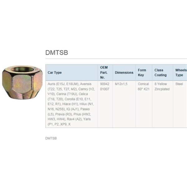 Oben links ist eine sechskantige Metallmutter mit gelblicher Beschichtung abgebildet. Rechts daneben steht groß „DMTSB“. Darunter ist eine Tabelle mit den Überschriften: Car Type, OEM Part. Nr., Dimensions, Form Key, Class Coating, Wheels Type. In der Tabelle steht: Car Type: Auris (E15J, E18UM), Avensis (T22, T25, T27, M2), Camry (V2, V10), Carina (T19U), Celica (T18, T20), Corolla (E10, E11, E12, R1), Hiace (H1), Hilux (N1, N16, N25S), IQ (AJ1), Paseo (L5), Previa (R3), Prius (HW2, HW3, HW4), Rav4 (A2), Yaris (P1, P2, XP9, X). OEM Part. Nr.: 90942 01007. Dimensions: M12x1,5. Form Key: Conical 60° K21. Class Coating: 8 Yellow Zincplated. Wheels Type: Steel.