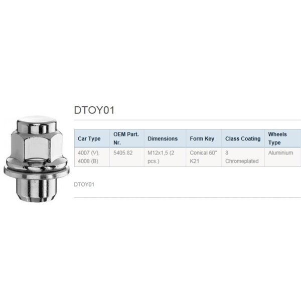 Das Bild zeigt eine metallische Radmutter links und rechts daneben eine Tabelle mit technischen Daten. Überschrift: DTOY01. In der Tabelle stehen folgende Werte: Car Type: 4007 (V), 4008 (B); OEM Part. Nr.: 5405.82; Dimensions: M12x1,5 (2 pcs.); Form Key: Conical 60° K21; Class Coating: 8 Chromplated; Wheels Type: Aluminium. Unter der Tabelle steht nochmals DTOY01.