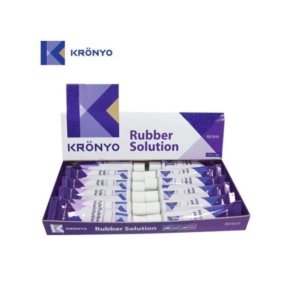 Auf dem Bild ist eine geöffnete Aufstellbox mit mehreren Tuben zu sehen. Auf der Box steht „KRÖNYO Rubber Solution“. Die Box und Tuben sind in den Farben Weiß, Lila und Blau gestaltet. In der linken oberen Ecke ist ein Logo mit dem Buchstaben „K“ und dem Wort „KRÖNYO“ abgebildet.