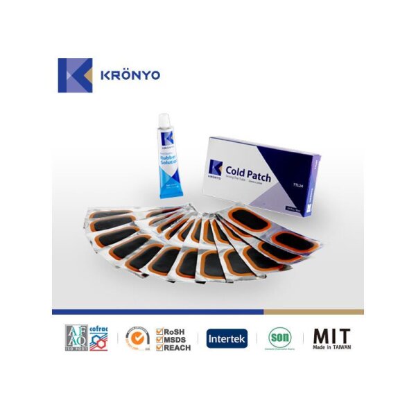 Das Bild zeigt ein Set zum Flicken von Fahrradschläuchen der Marke KRÖNYO. Zu sehen sind eine Tube mit der Aufschrift Rubber Solution, eine rechteckige Schachtel mit der Aufschrift Cold Patch sowie mehrere einzelne Flicken, die fächerförmig angeordnet sind. Die Flicken sind rechteckig mit schwarzer Mitte und orangem Rand. Oben links ist das KRÖNYO-Logo mit Schriftzug zu sehen.