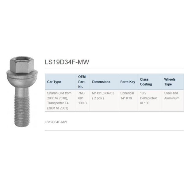 Das Bild zeigt eine silberne Radschraube mit Sechskantkopf und einem Tisch mit technischen Daten. Produktname: LS19D34F-MW. Der Tisch enthält folgende Informationen: Fahrzeugtyp: Sharan (7M von 2000 bis 2010), Transporter T4 (2001 bis 2003); OEM-Teilenummer: 7M3 601 139 B; Abmessungen: M14x1,5x34/62 (2 Stück); Form/Schlüssel: Kugelform 14° K19; Festigkeitsklasse/Beschichtung: 10.9 Deltaprotekt KL100; Felgentyp: Stahl und Aluminium.