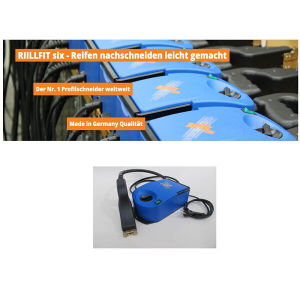 Das Bild zeigt mehrere blaue elektrische Geräte mit der Aufschrift RILLFIT six, die nebeneinander angeordnet sind. Darüber ist in einem orangefarbenen Kasten der Text RILLFIT six – Reifen nachschneiden leicht gemacht zu lesen. Darunter stehen in kleineren orangefarbenen Kästen die Sätze Der Nr. 1 Profilschneider weltweit und Made in Germany Qualität. Im unteren Teil des Bildes ist das blaue Gerät einzeln abgebildet, es besteht aus einem Kasten mit Drehregler, einem Kabel und einem angeschlossenen Handgriff, an dessen Spitze sich zwei Kontaktpunkte befinden.