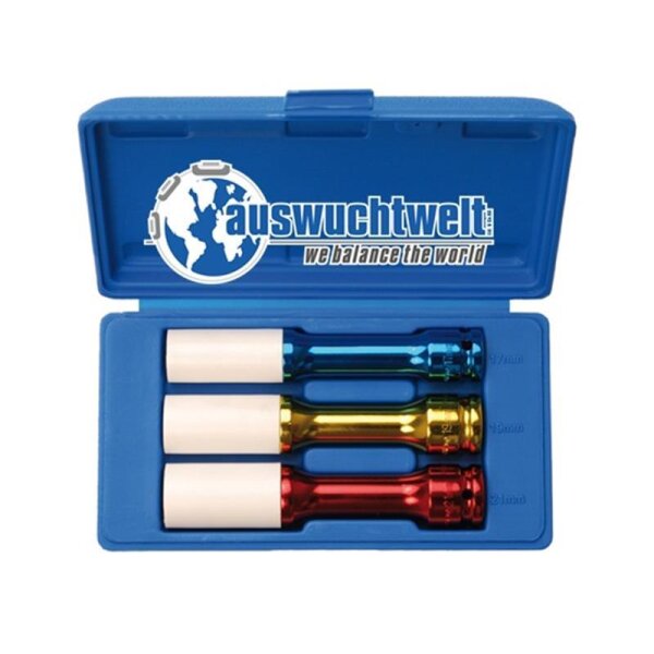 Das Bild zeigt eine blaue Kunststoffbox, die geöffnet ist. Im Deckel befindet sich ein Logo mit der Aufschrift „auswuchtwelt“ und dem Slogan „we balance the world“. In der Box liegen drei farbige Metallwerkzeuge nebeneinander, jeweils mit einem weißen Abschnitt am Ende. Die Werkzeuge sind blau, gelb und rot. Die Box ist passgenau für die drei Werkzeuge ausgeformt und am Rand der Fächer stehen Größenangaben: 17 mm, 19 mm und 21 mm.